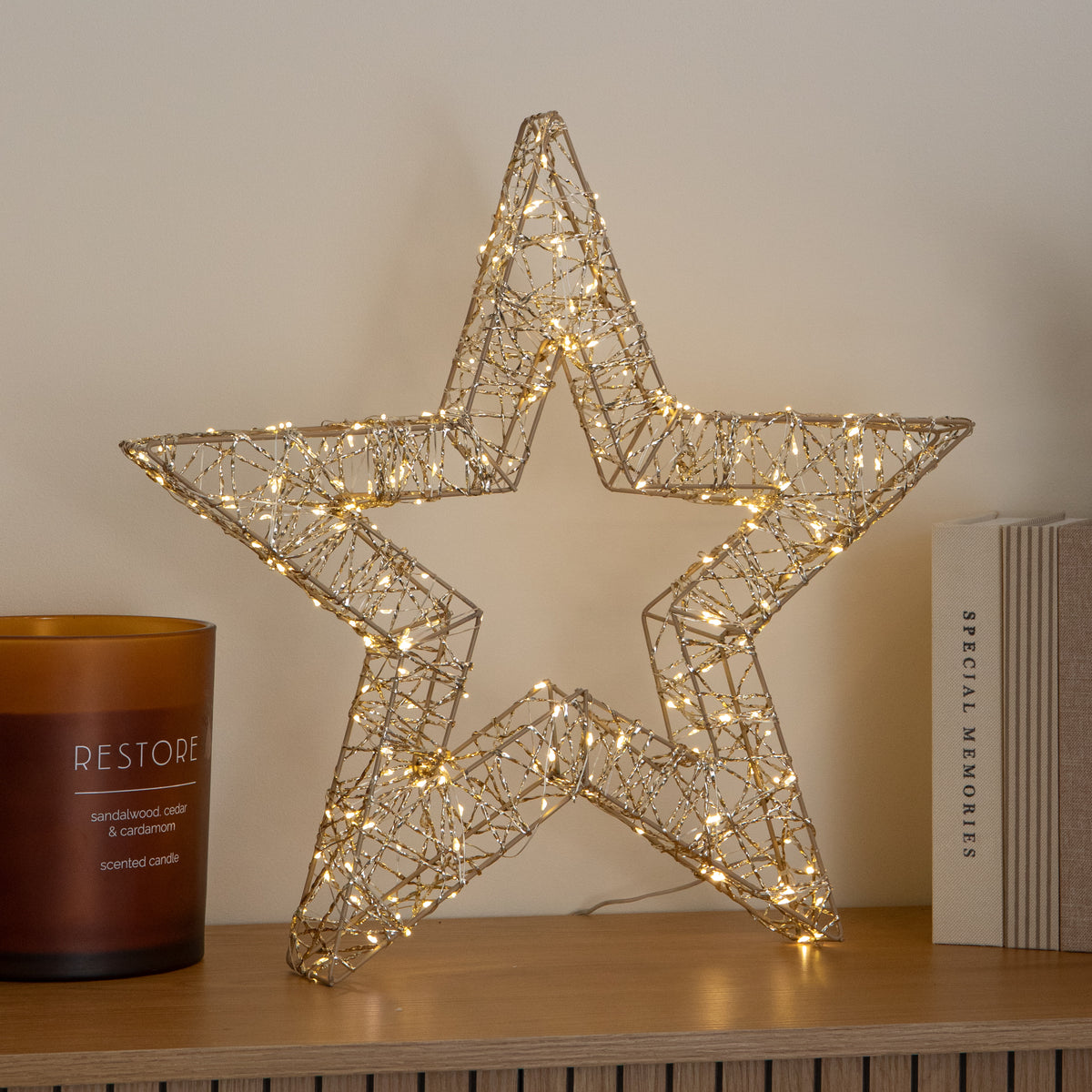 50cm Gold Light Up Christmas Star with 240 Warm White LEDs & Timer