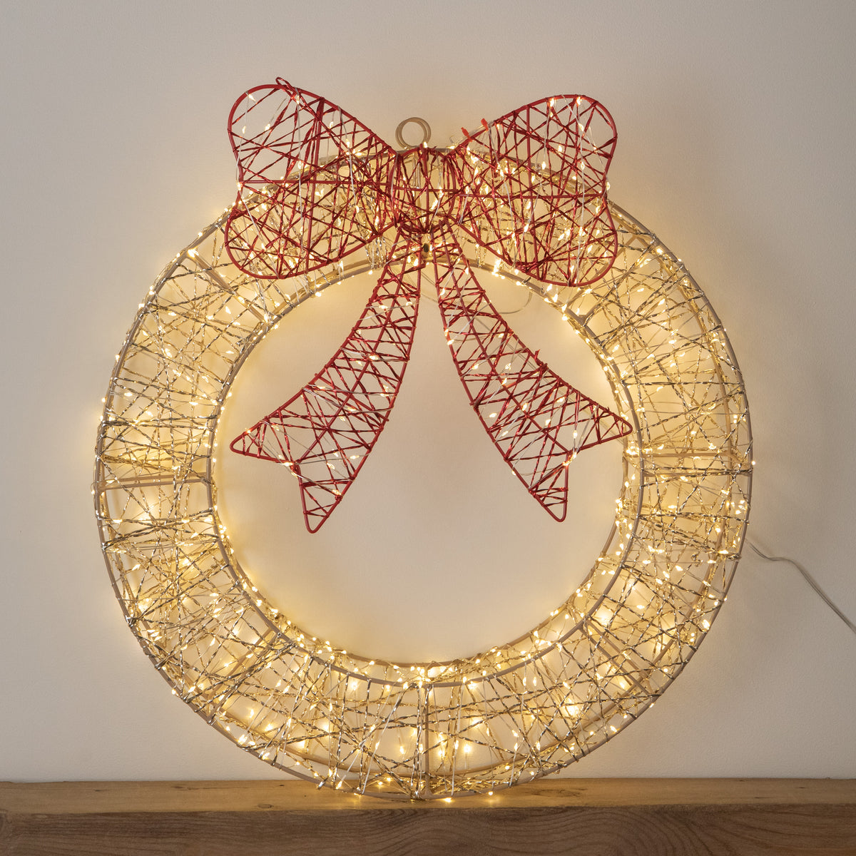 50cm Gold Light Up Christmas Wreath with 600 Warm White LEDs, Timer & Red Bow