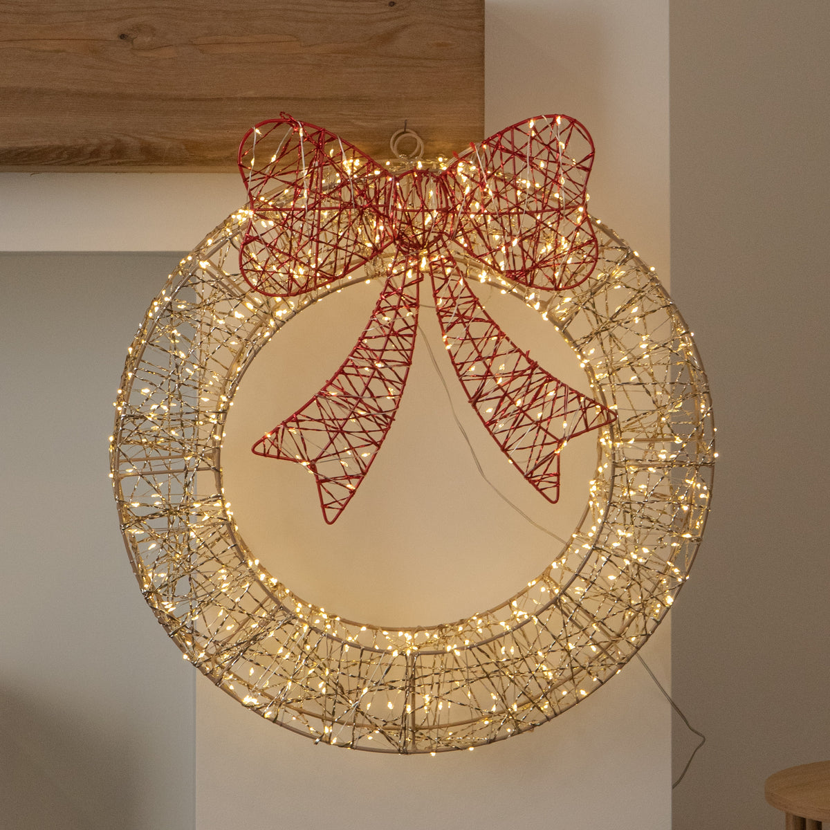 50cm Gold Light Up Christmas Wreath with 600 Warm White LEDs, Timer & Red Bow