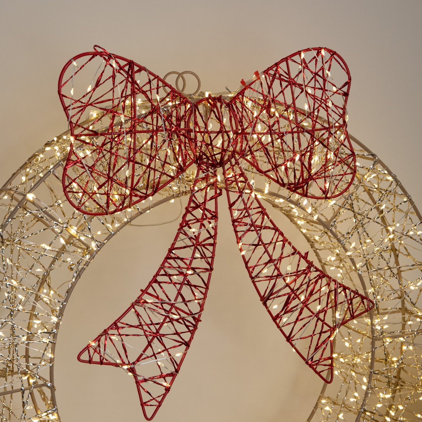 50cm Gold Light Up Christmas Wreath with 600 Warm White LEDs, Timer & Red Bow