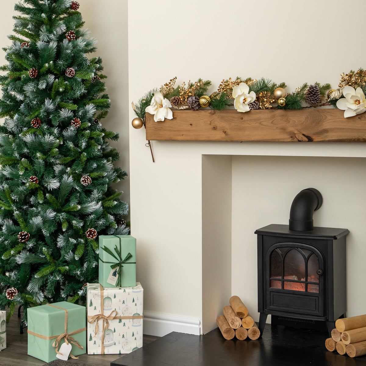 1.8m Champagne Magnolia Decorated Christmas Garland with Gold Baubles