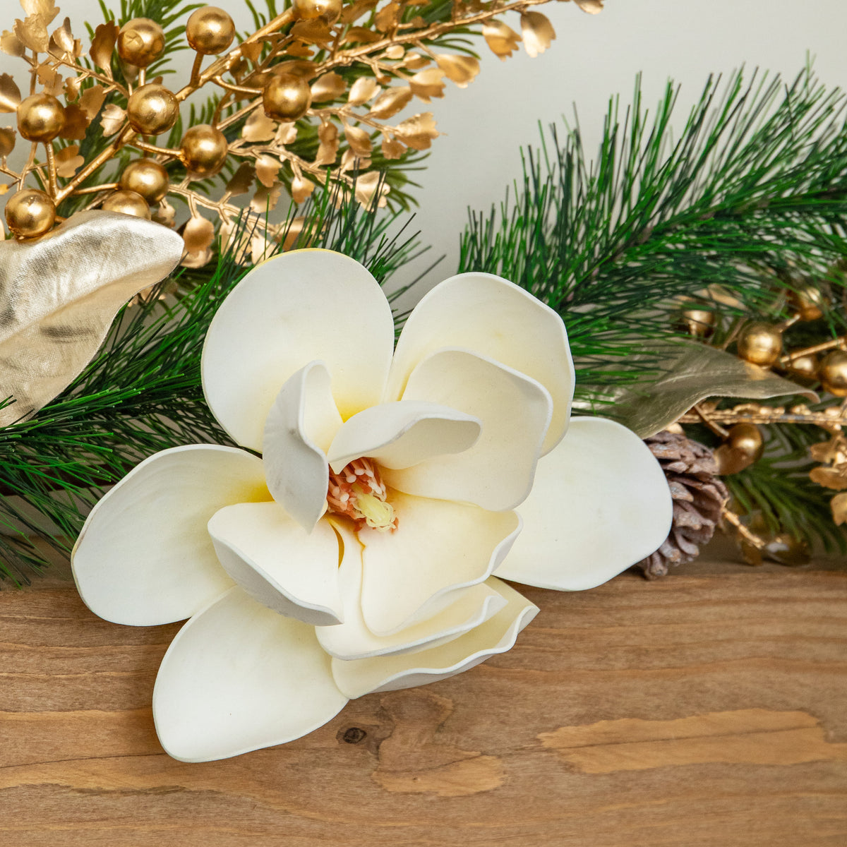 1.8m Champagne Magnolia Decorated Christmas Garland with Gold Baubles