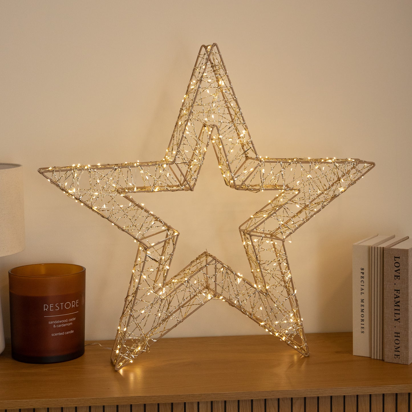 70cm Gold Light Up Christmas Star with 300 Warm White LEDs & Timer