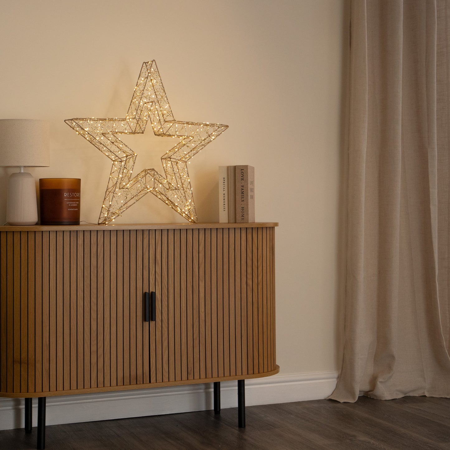 70cm Gold Light Up Christmas Star with 300 Warm White LEDs & Timer