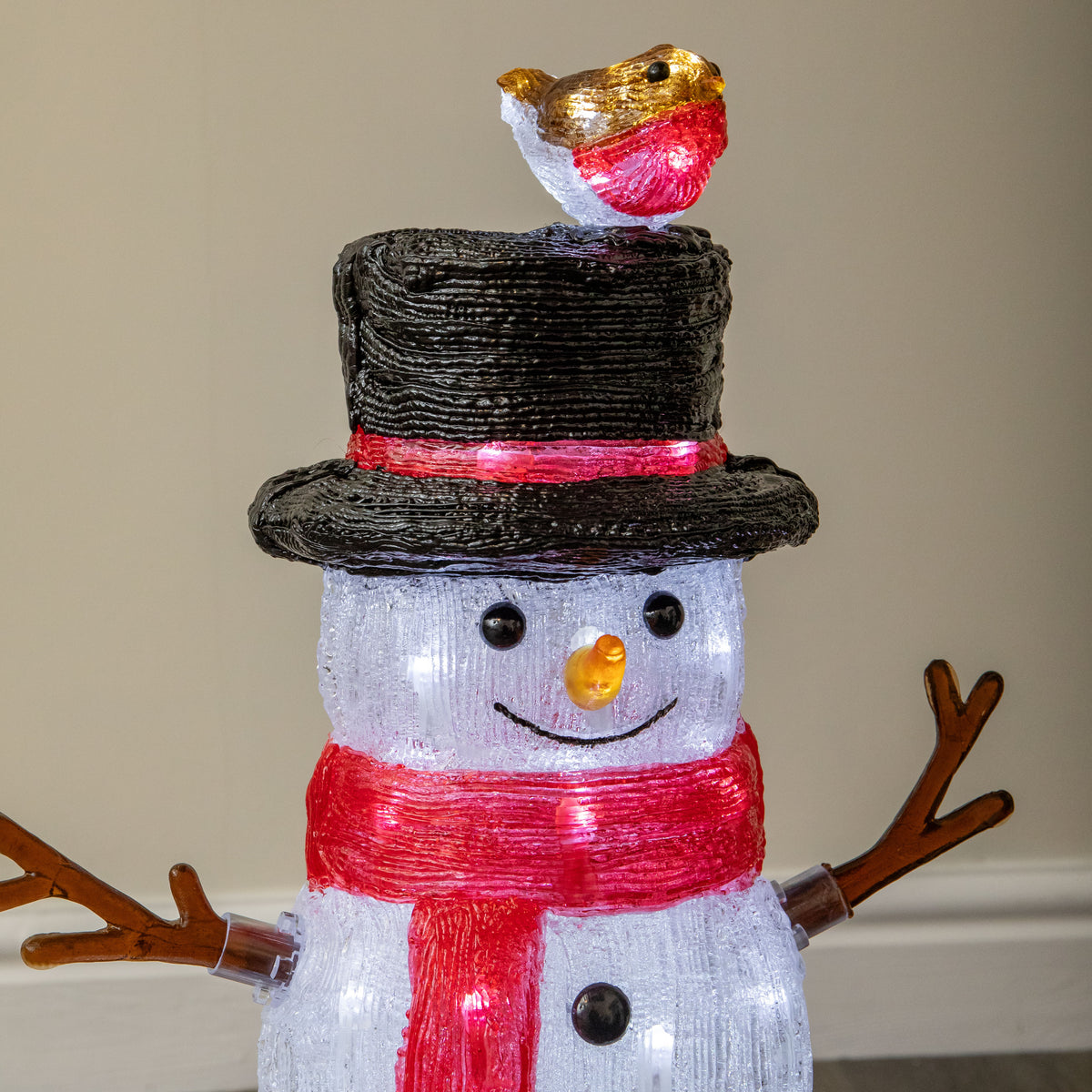 62cm Light Up Acrylic Christmas Snowman with Robin LED Decoration
