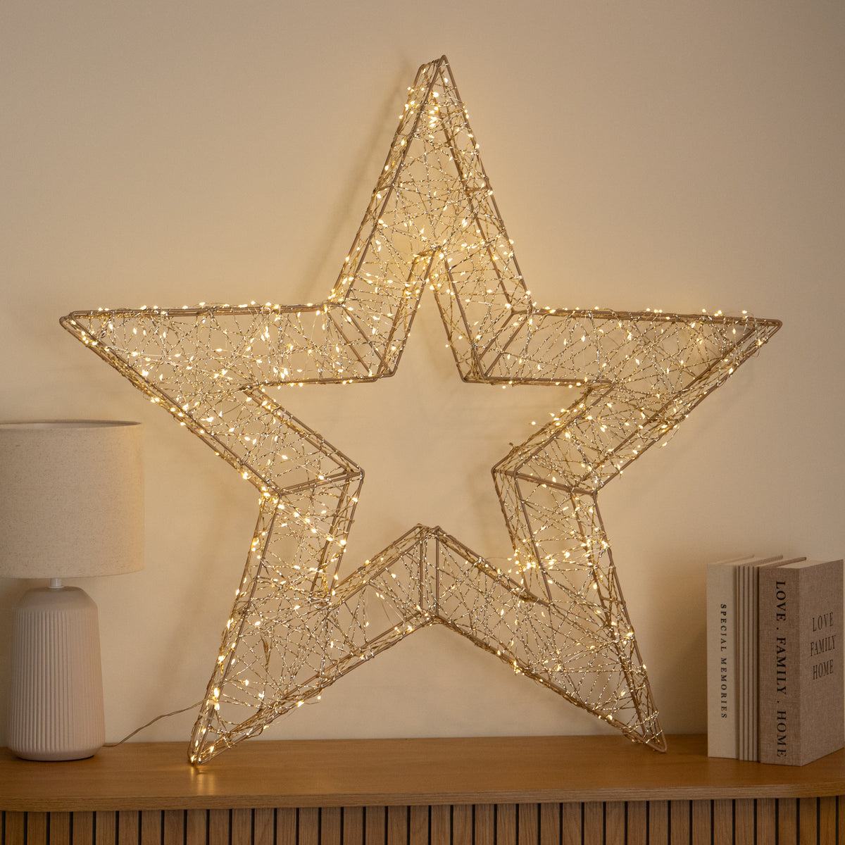 90cm Light up Gold Twist Christmas Star 540 Warm White LEDs