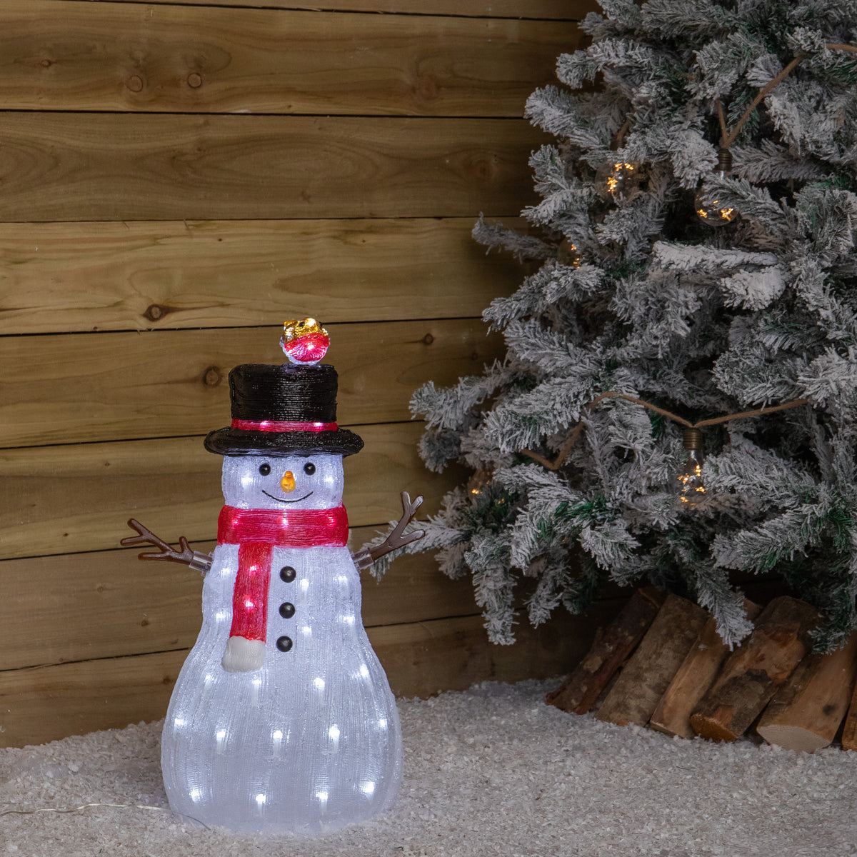 62cm Light Up Acrylic Christmas Snowman with Robin LED Decoration