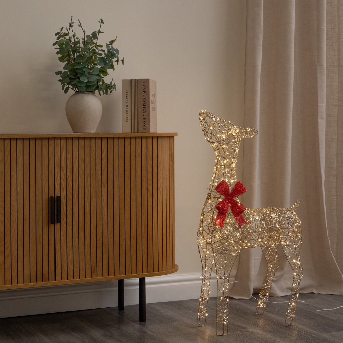 90cm Light up Gold Twist Christmas Standing Reindeer with 300 Warm White LEDs