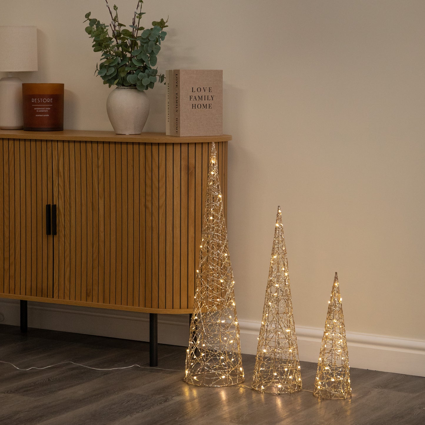 Set of 3 Gold Light Up Gold Christmas Cones Decorations with 120 Warm White LEDs