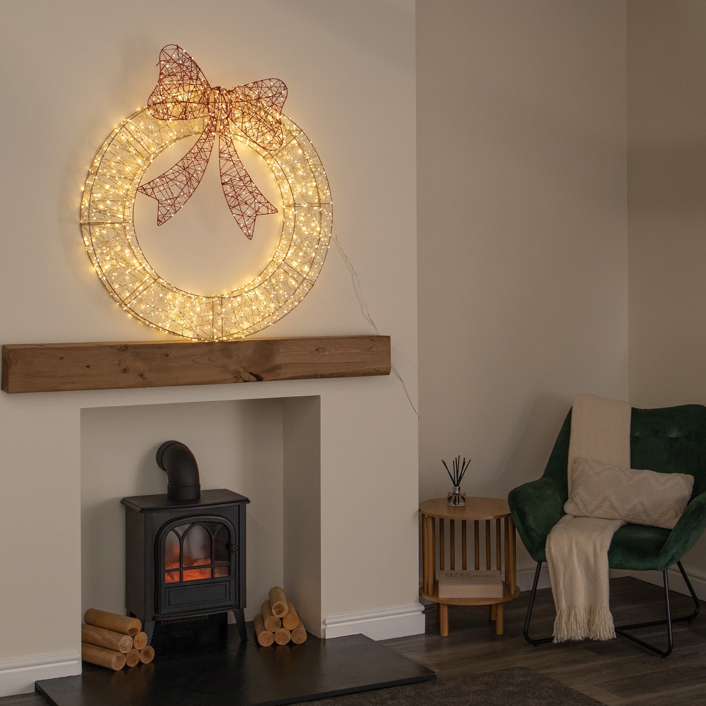 90cm Light up Gold Twist Christmas Wreath with Red Bow and 1440 Warm White LEDs