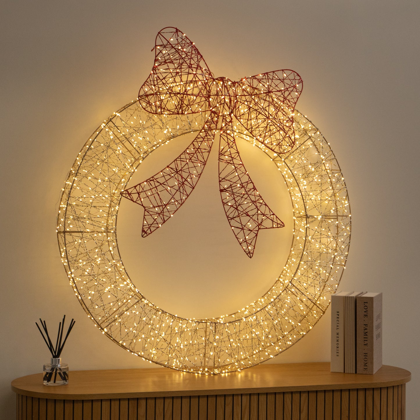 90cm Light up Gold Twist Christmas Wreath with Red Bow and 1440 Warm White LEDs