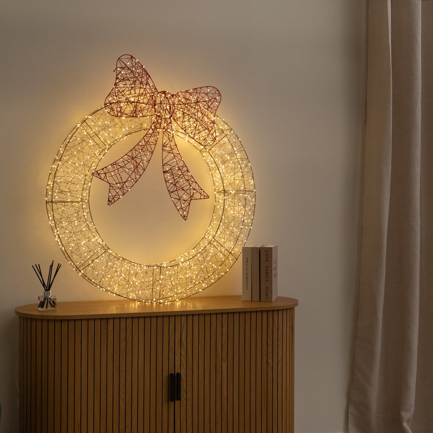 90cm Light up Gold Twist Christmas Wreath with Red Bow and 1440 Warm White LEDs