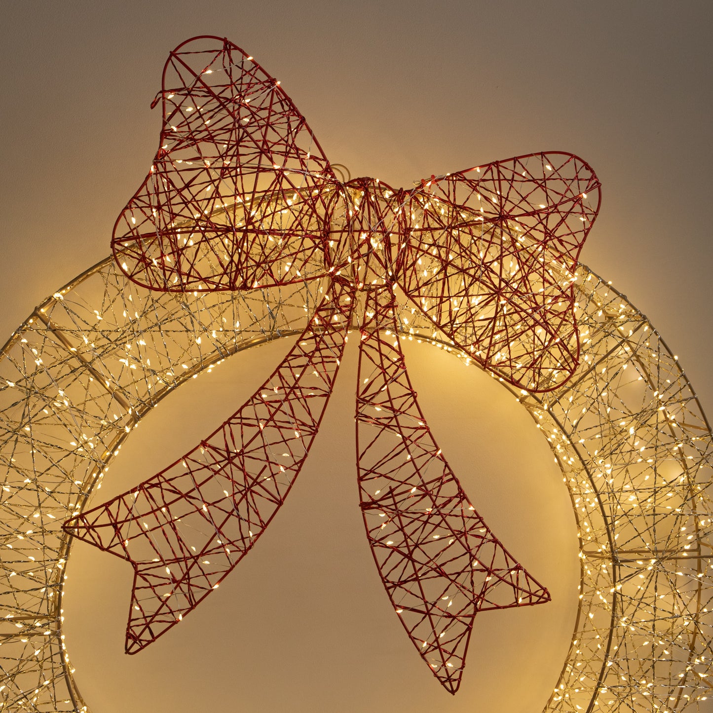 90cm Light up Gold Twist Christmas Wreath with Red Bow and 1440 Warm White LEDs
