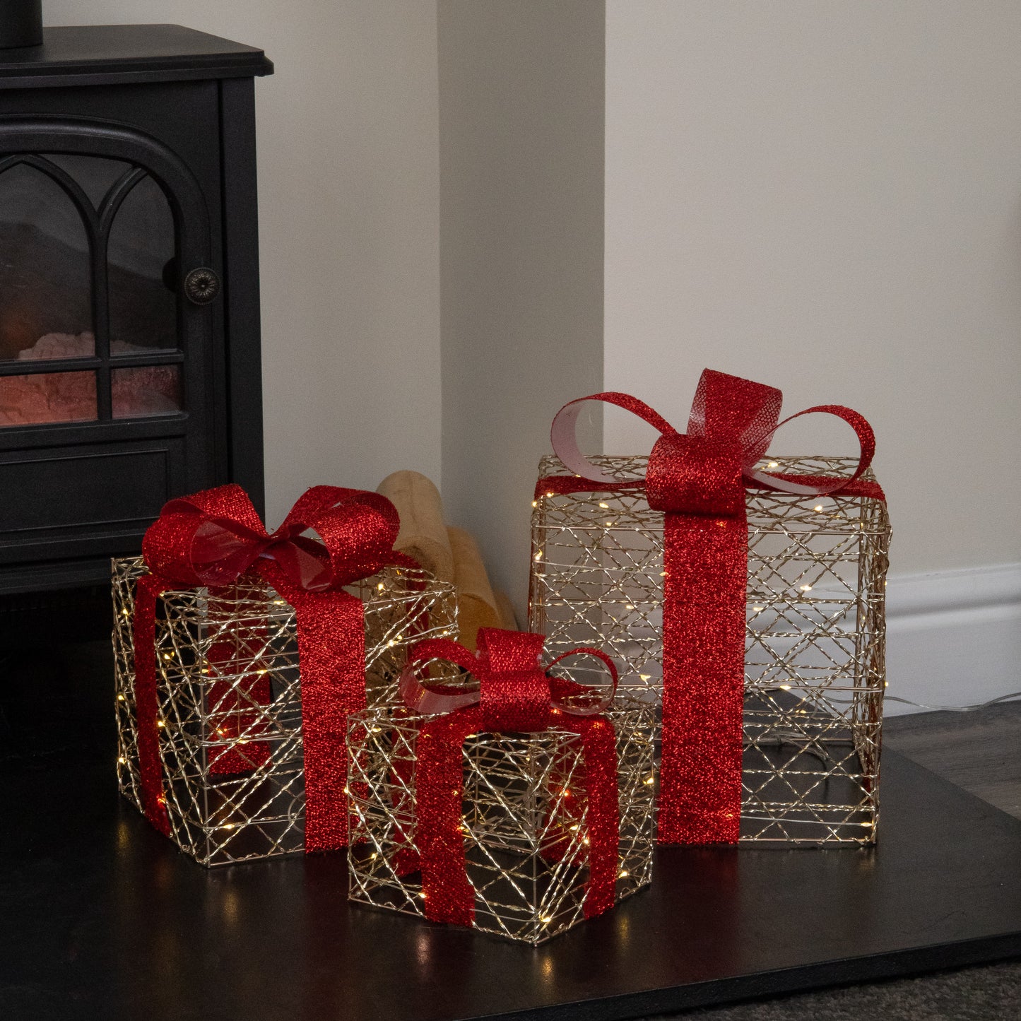 Set of 3 Gold Light Up Christmas Parcel Decorations with 90 Warm White LEDs