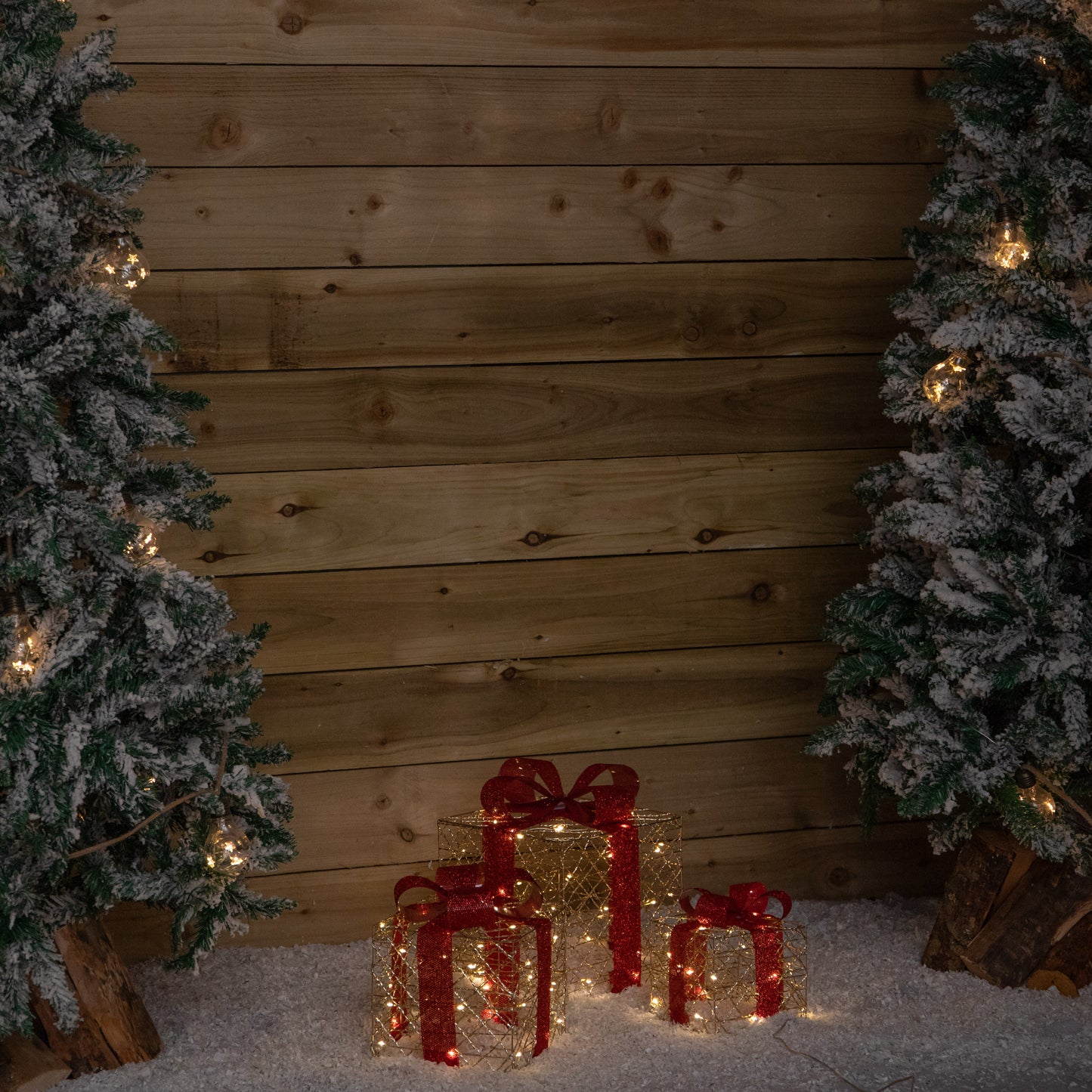 Set of 3 Gold Light Up Christmas Parcel Decorations with 90 Warm White LEDs