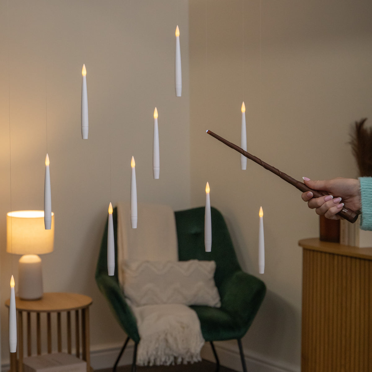 Set of 10 Floating LED Christmas Candles with Magic Wand