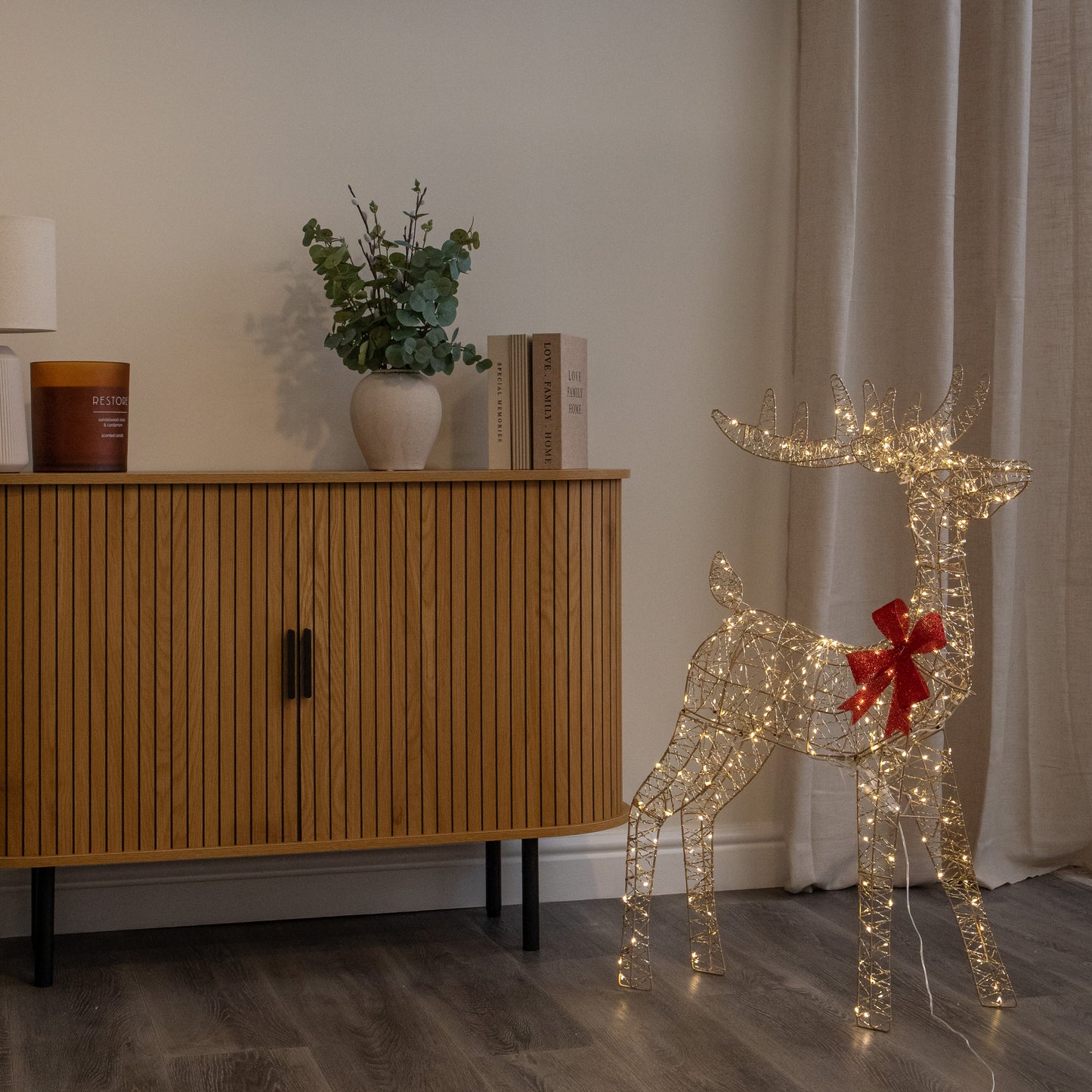 1m Light up Gold Twist Christmas Standing Reindeer with 300 Warm White LEDs