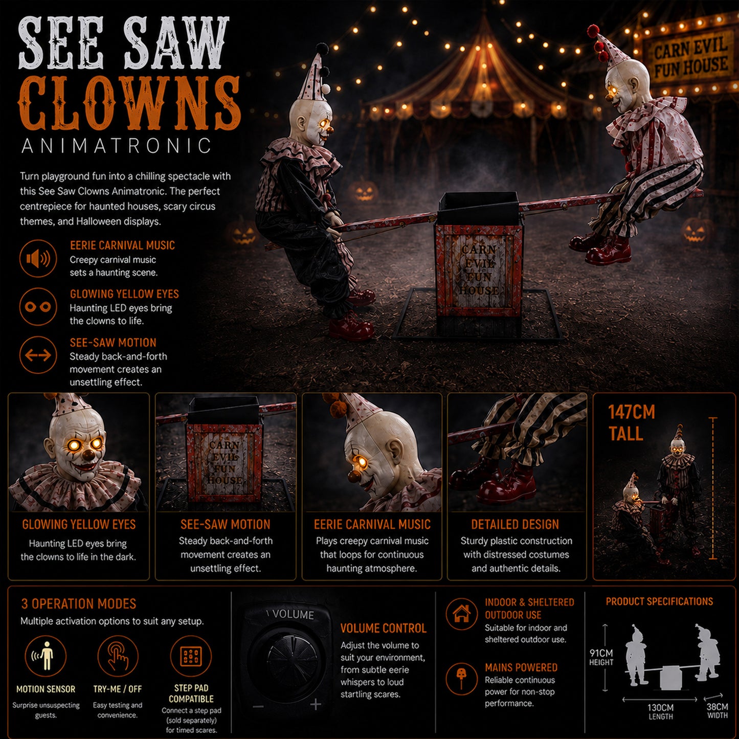 91cm Tall See Saw Clowns Animated Halloween Decoration Prop with Red Glowing Eyes