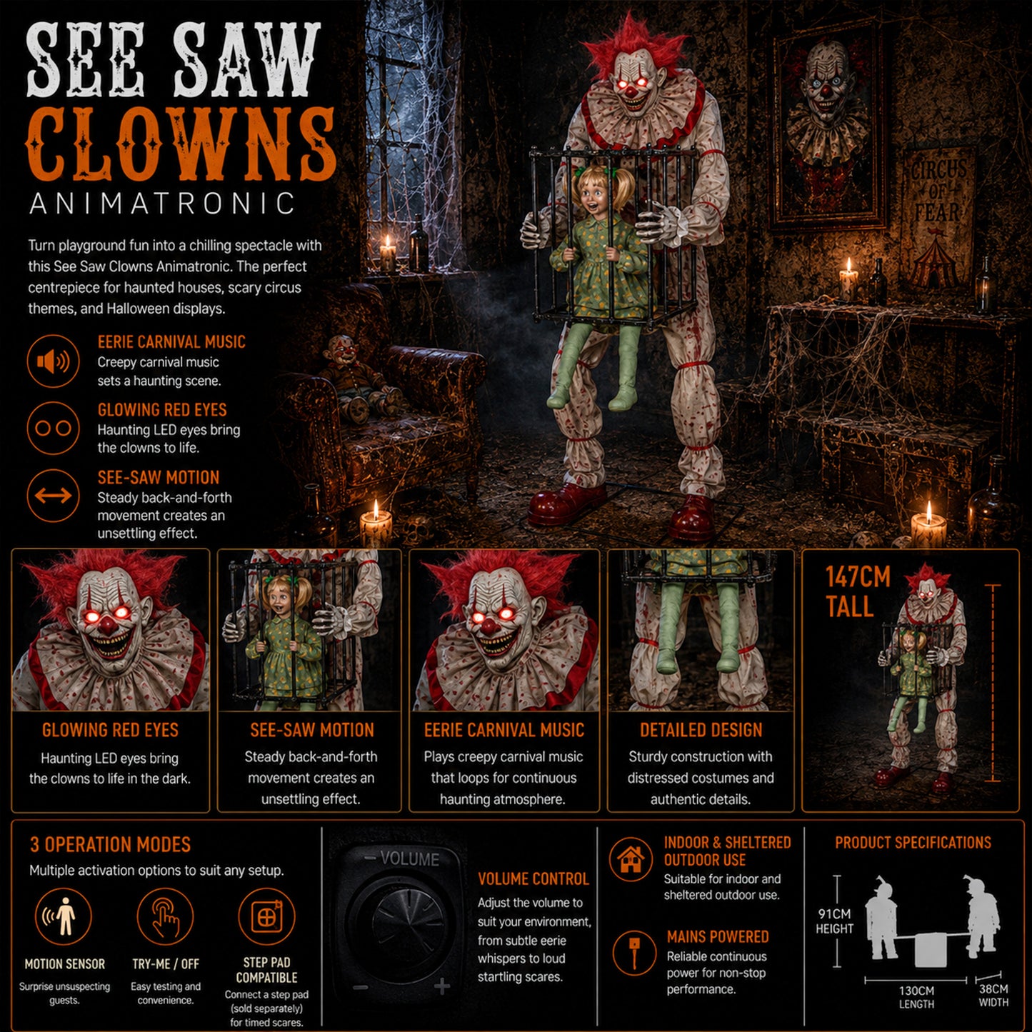 7ft Tall Giant Cagey The Clown with Girl Halloween Animatronic Decoration