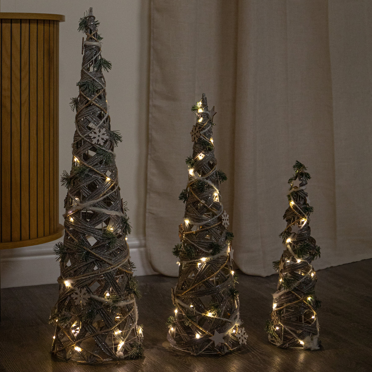 Set of 3 Light up Snow Christmas Cone Trees with 90 Warm White LEDs