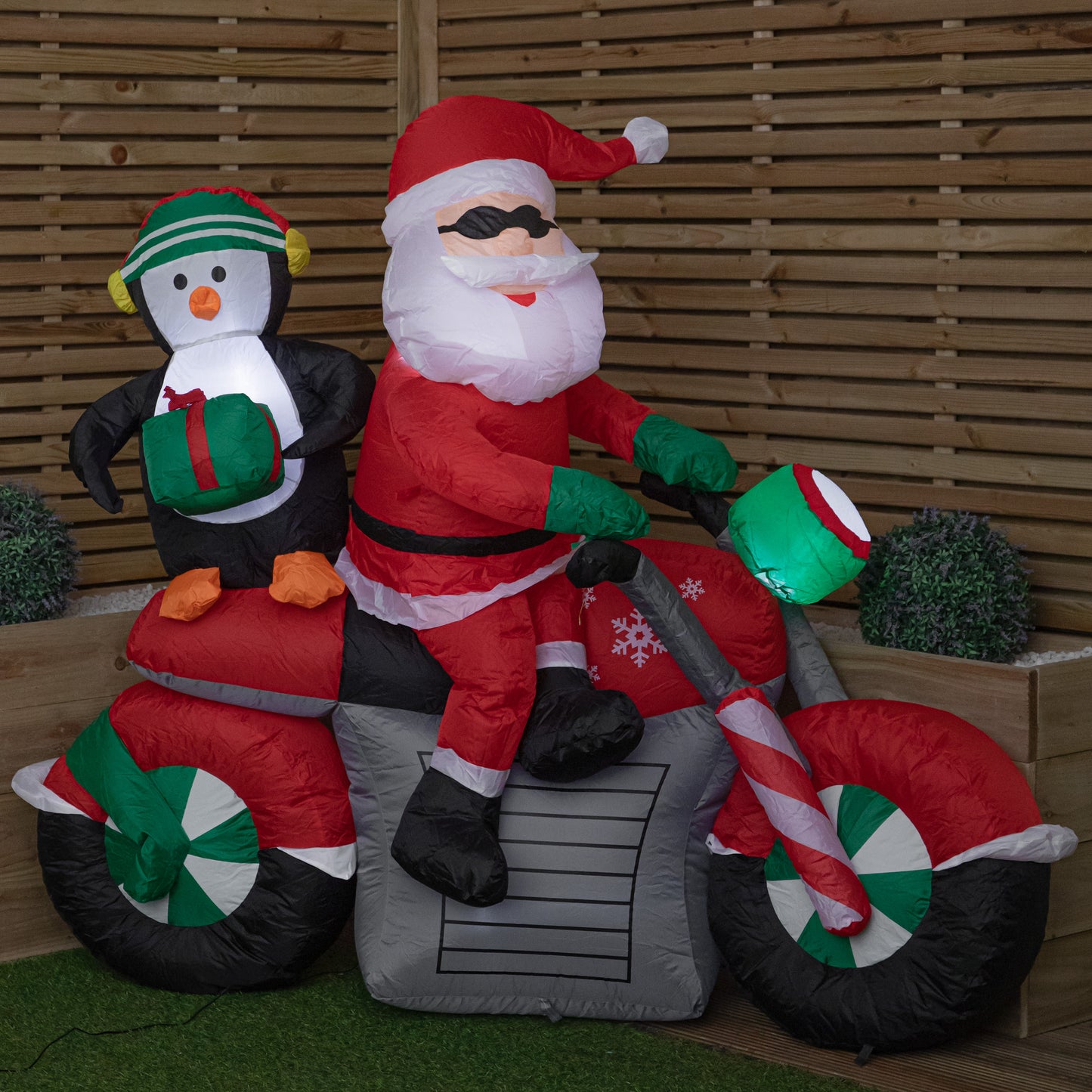 1.8m (6ft) Light up Santa with Penguin on Motorbike Christmas Inflatable with LEDs