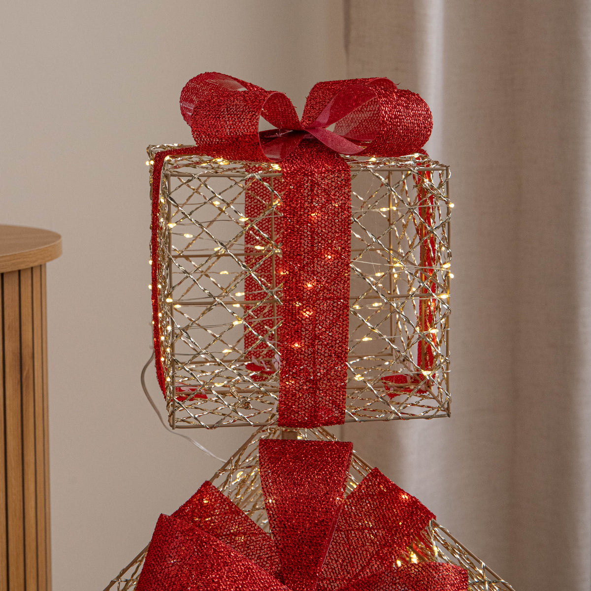 96cm Gold Light Up Christmas Parcel Stack with 500 Warm White LEDs & Timer