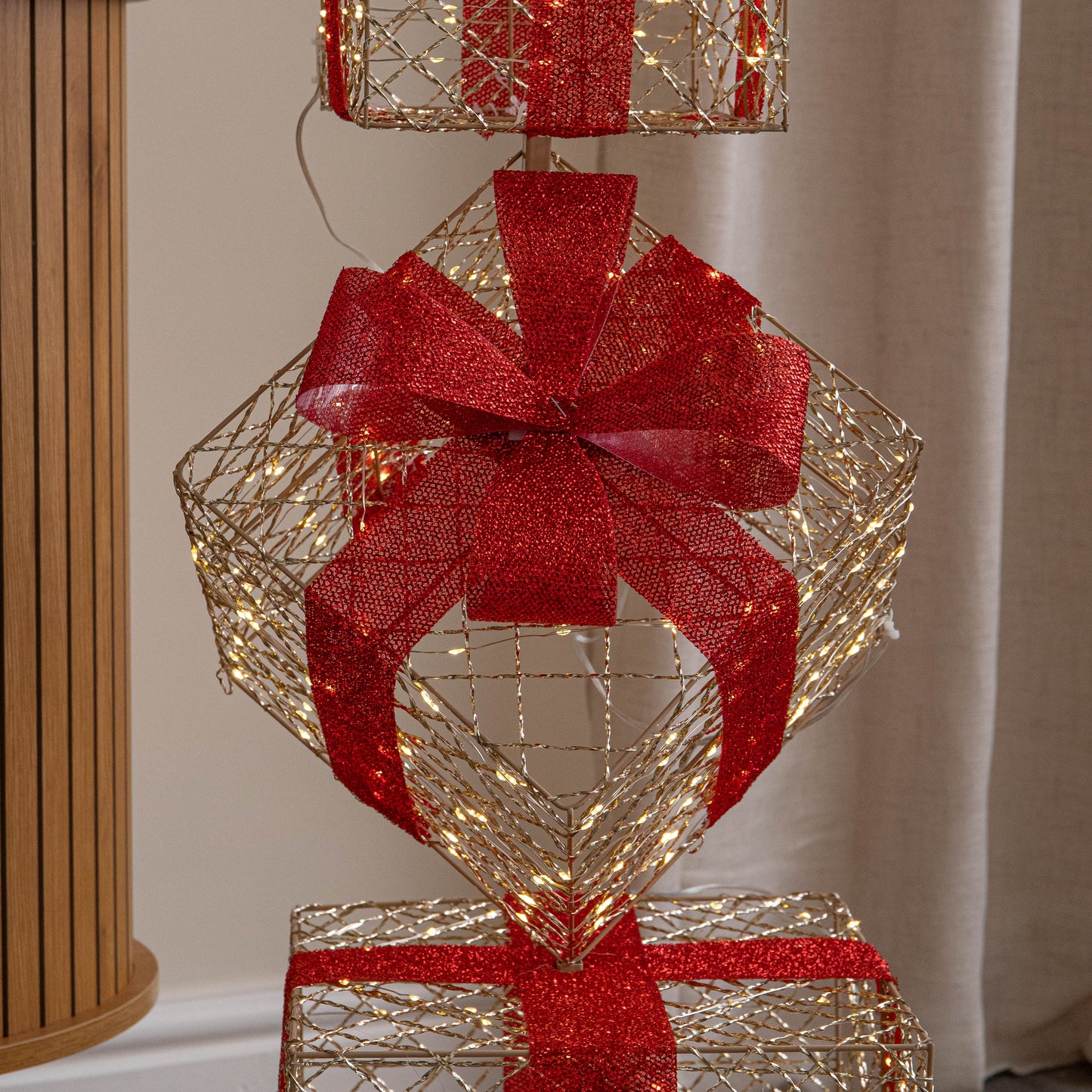 96cm Gold Light Up Christmas Parcel Stack with 500 Warm White LEDs & Timer