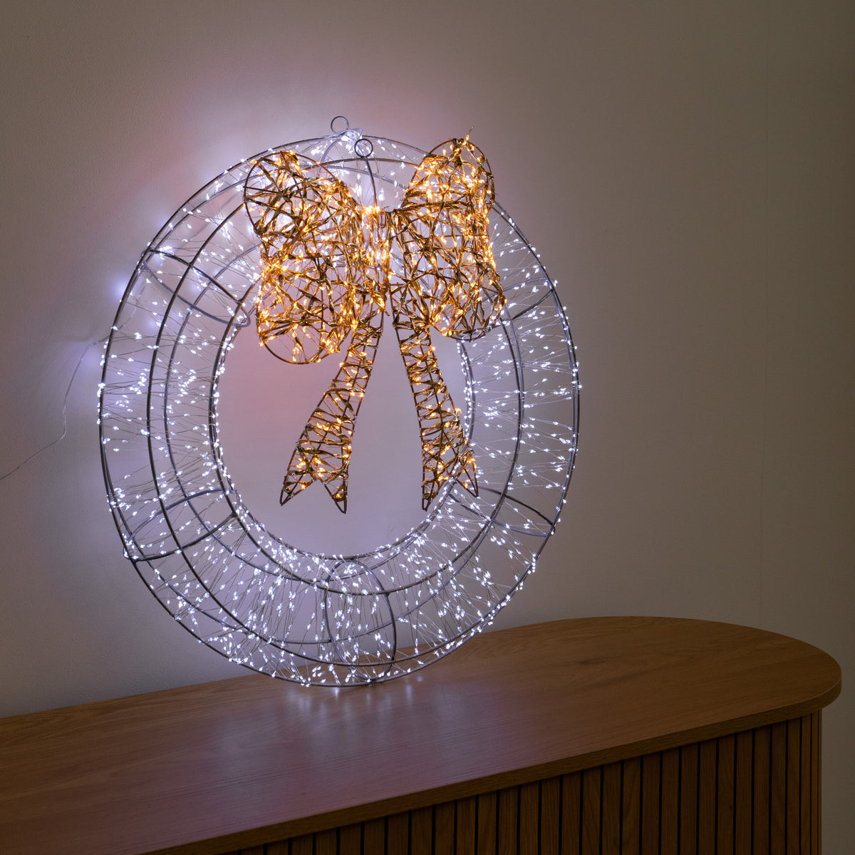 60cm Galaxy Light Up Christmas Wreath with Bow & Cool White 2000 LEDs