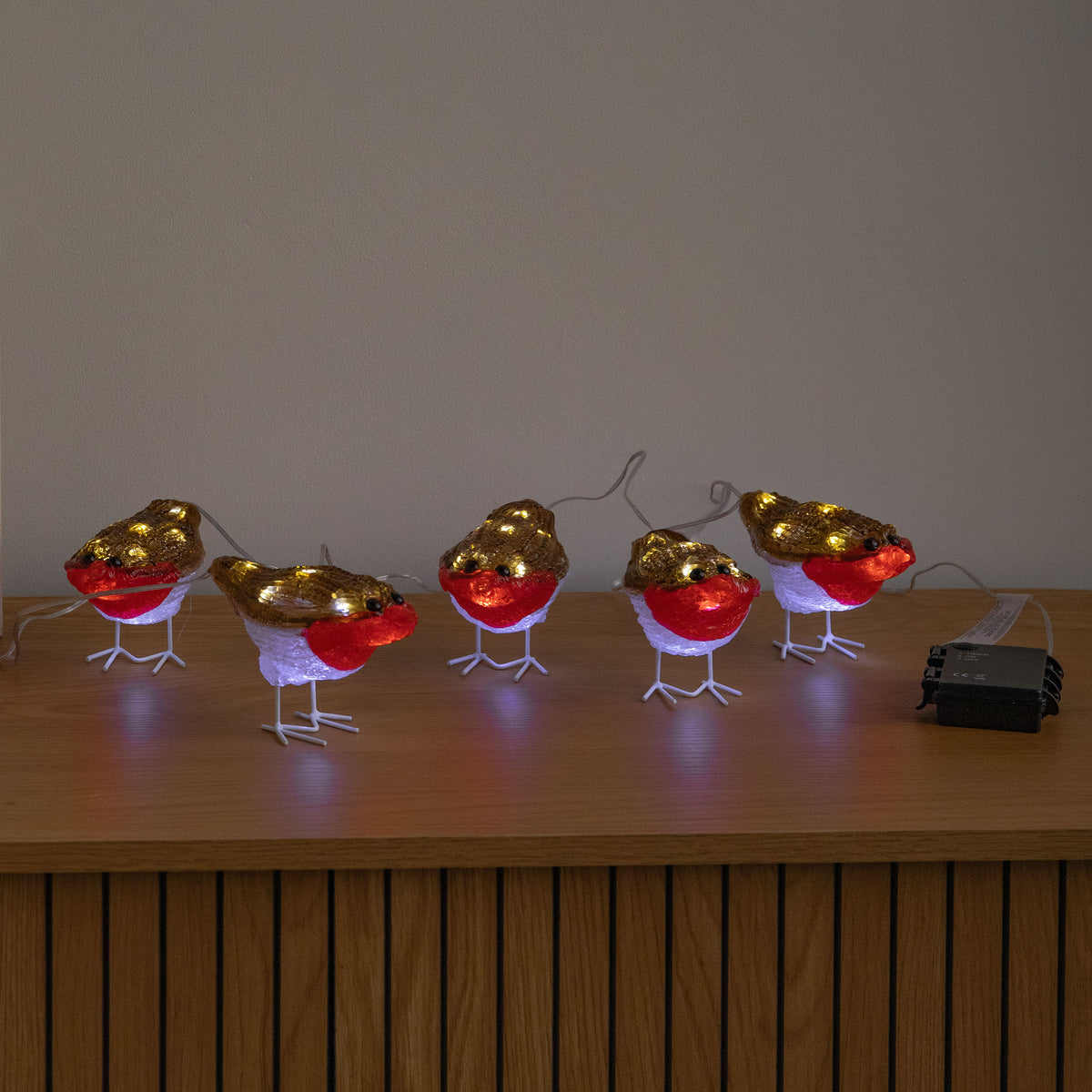 Set of 5 Battery Powered Light Up Acrylic Christmas Robins with White LEDs