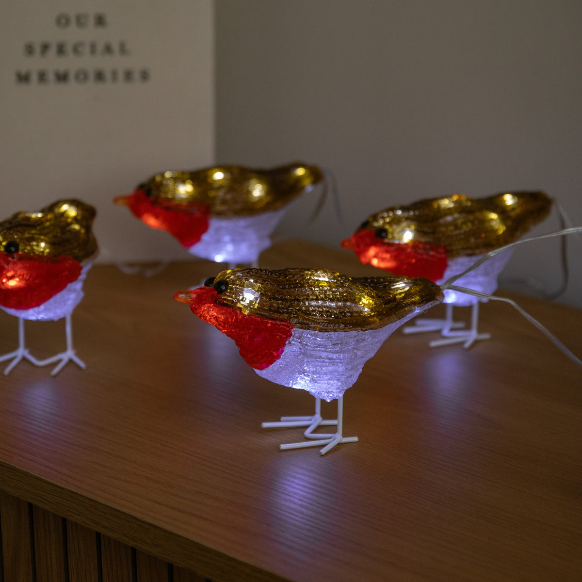 Set of 5 Battery Powered Light Up Acrylic Christmas Robins with White LEDs