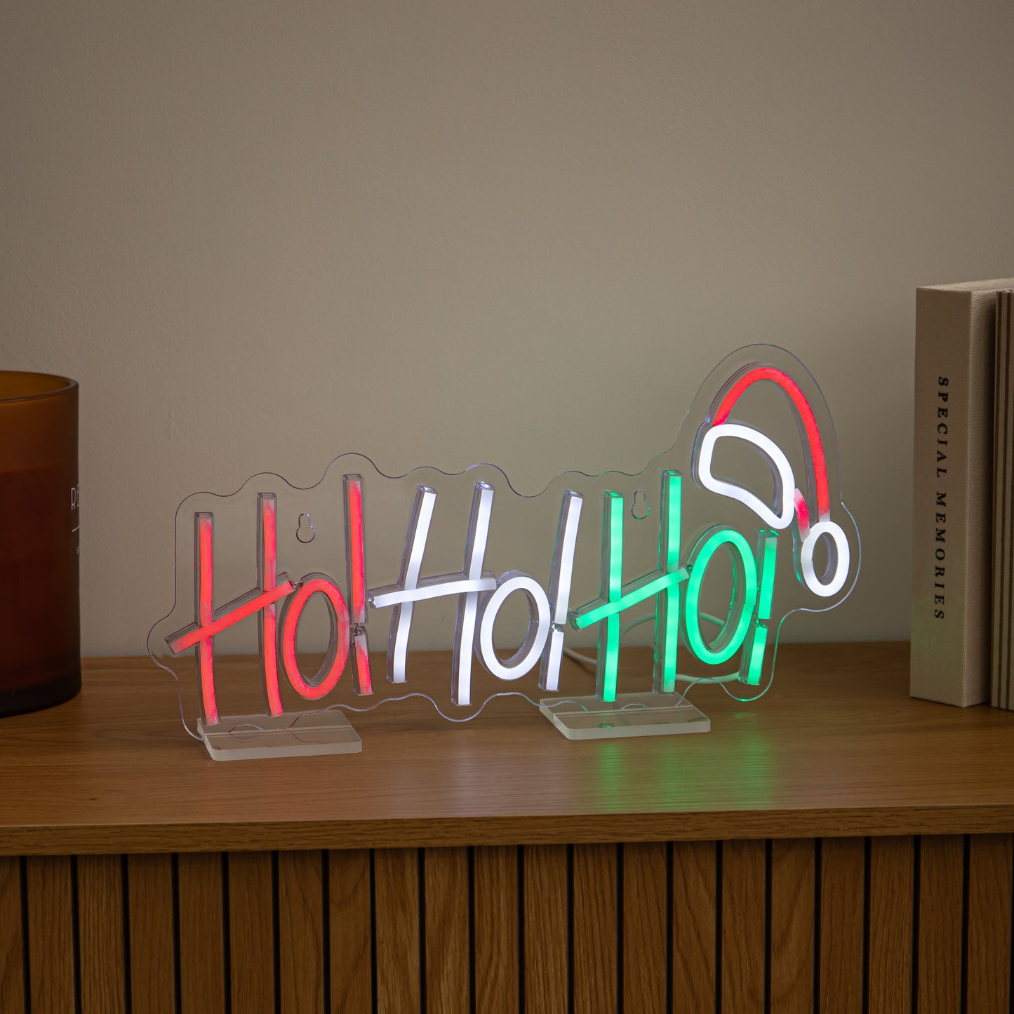 40cm Ho Ho Ho Neon-Style Light Up Christmas Decoration with Santa Hat