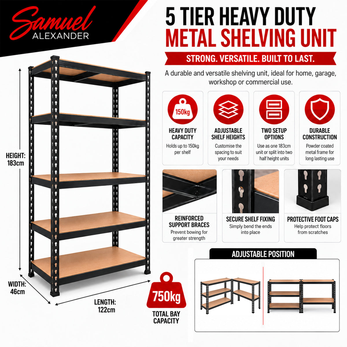 1.22m x 1.83m 5 Tier Heavy Duty Metal Shelving Storage Racking Unit in Black