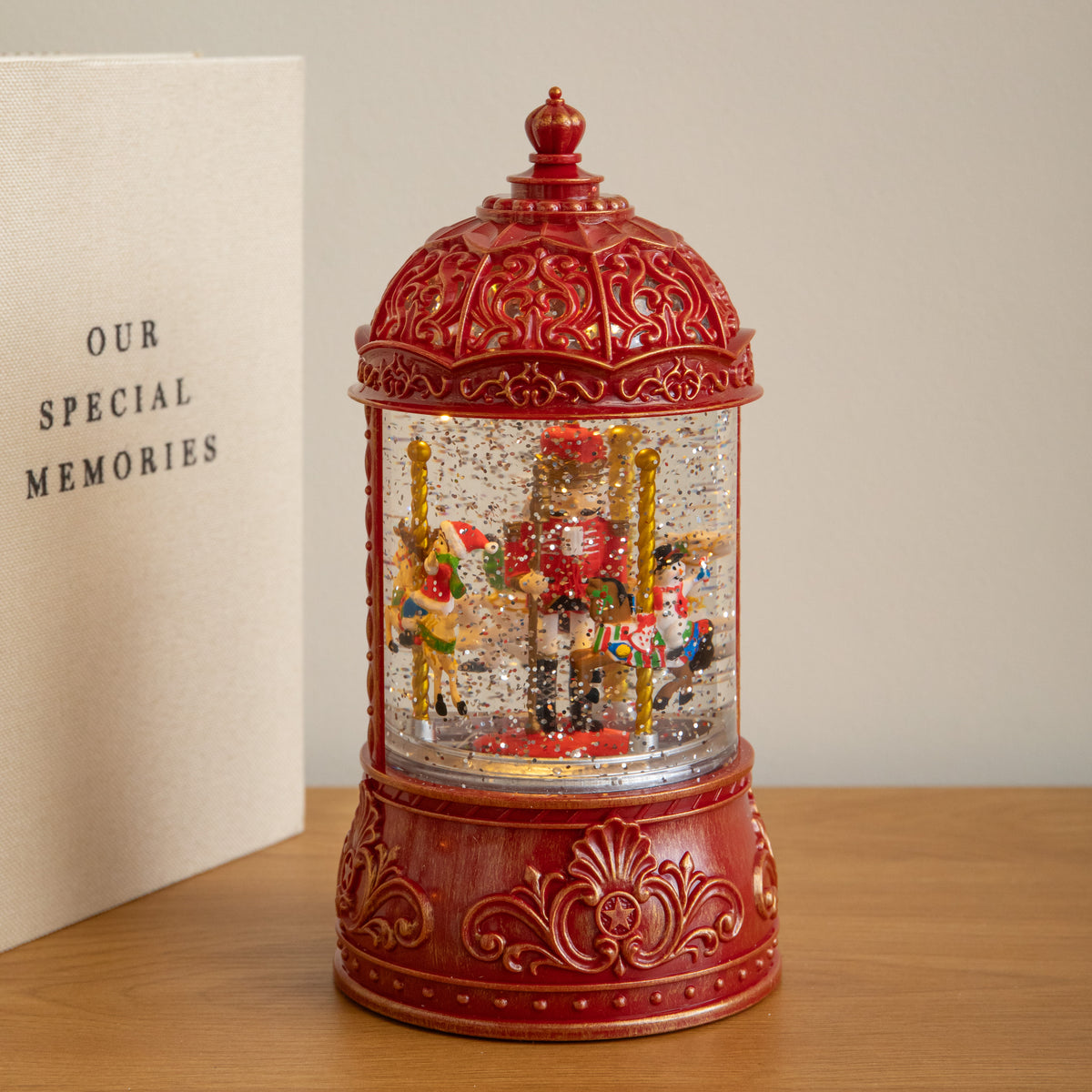 23cm Dual Powered Christmas Water Spinner Lantern with Rotating Nutcracker Scene