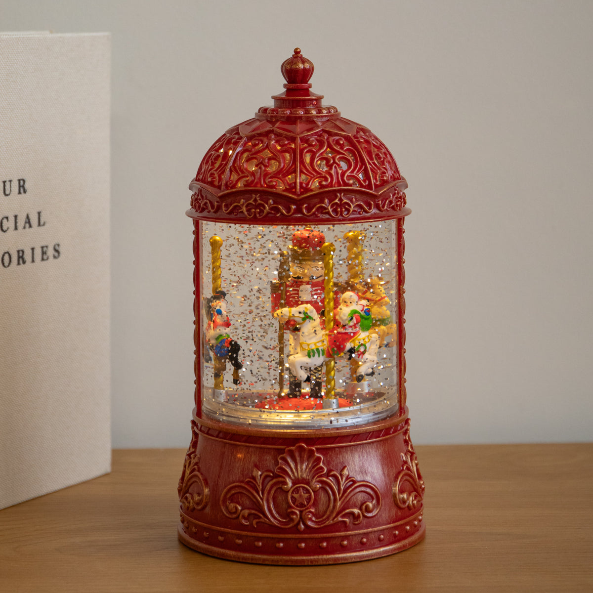 23cm Dual Powered Christmas Water Spinner Lantern with Rotating Nutcracker Scene