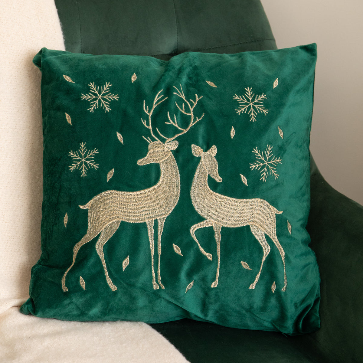 44cm Emerald Green & Gold Reindeer Decorative Christmas Cushion