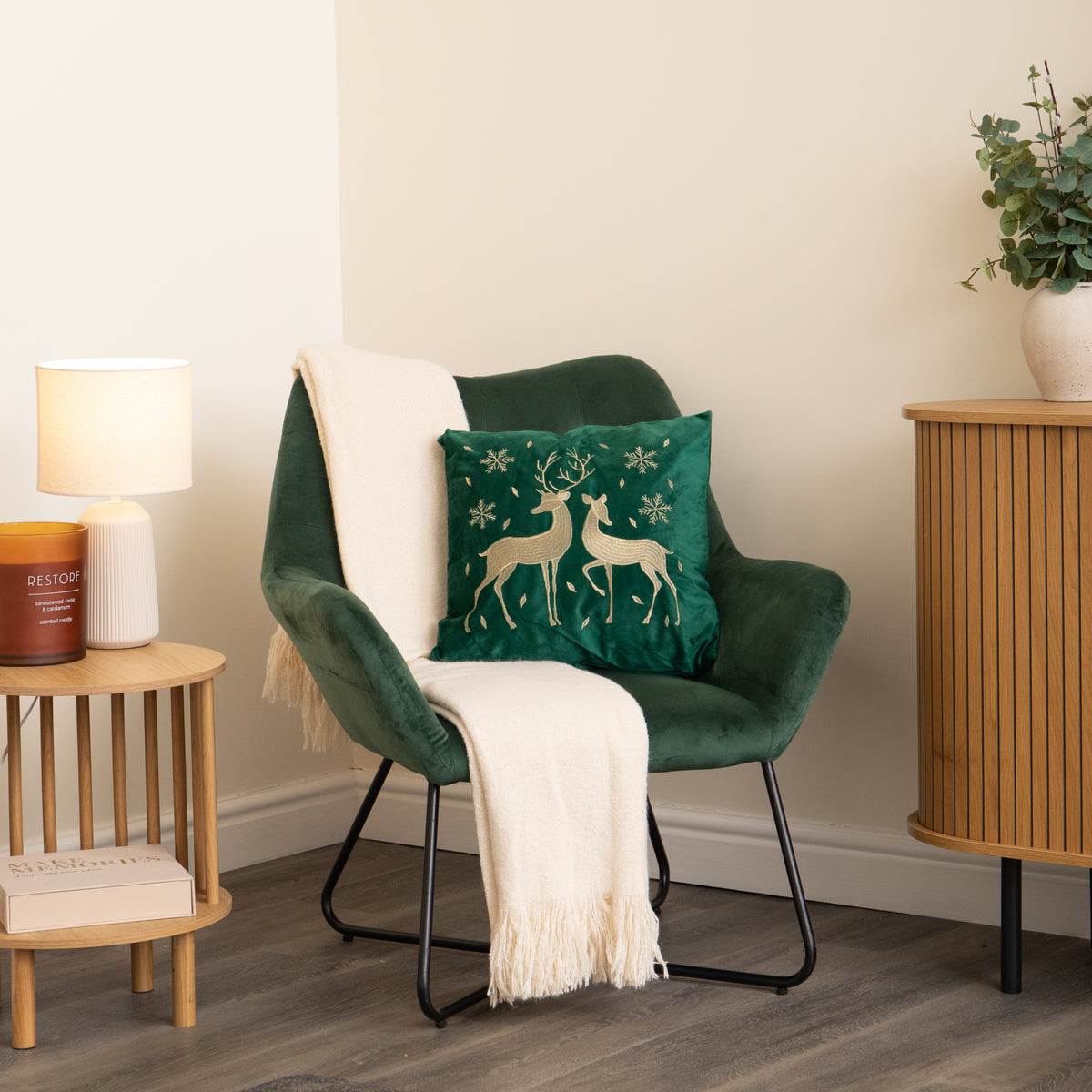 44cm Emerald Green & Gold Reindeer Decorative Christmas Cushion