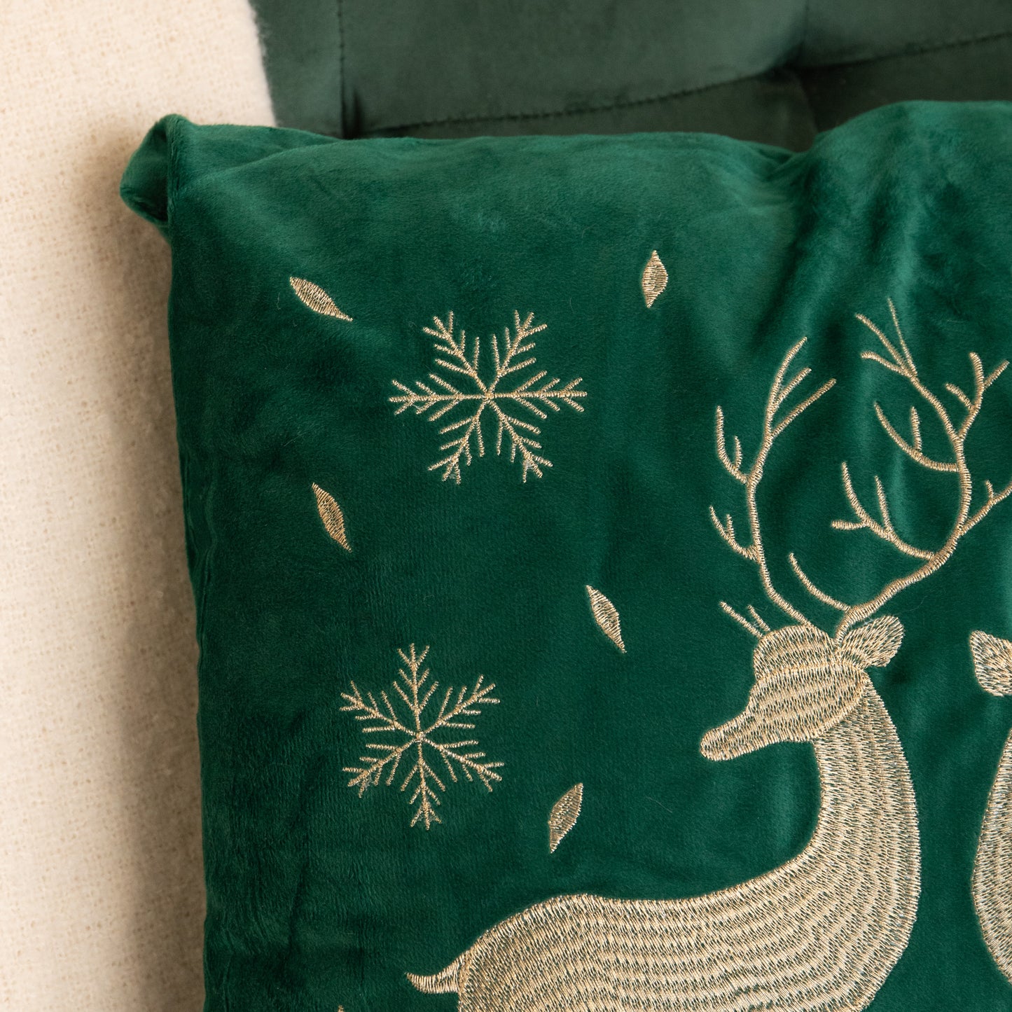 44cm Emerald Green & Gold Reindeer Decorative Christmas Cushion