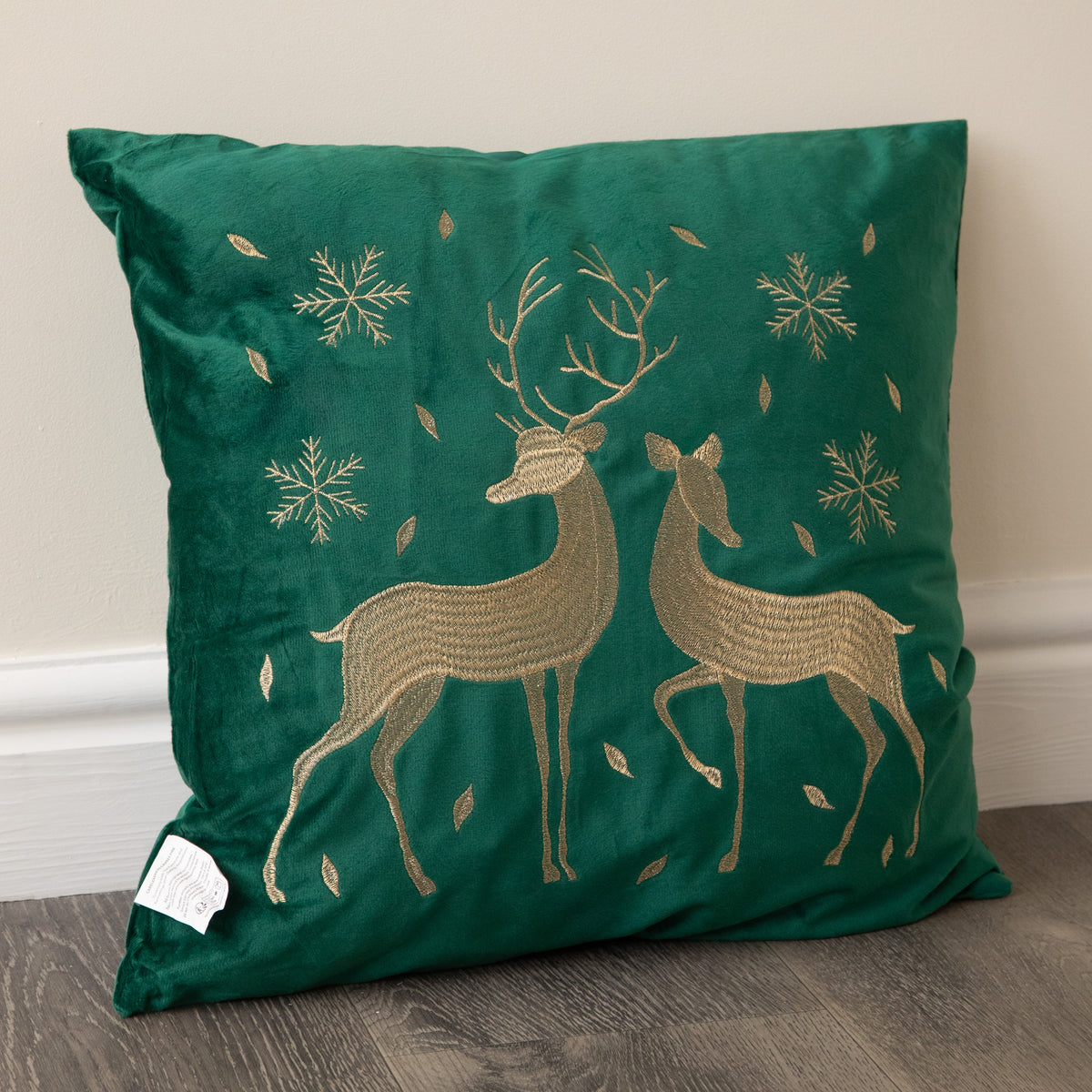 44cm Emerald Green & Gold Reindeer Decorative Christmas Cushion