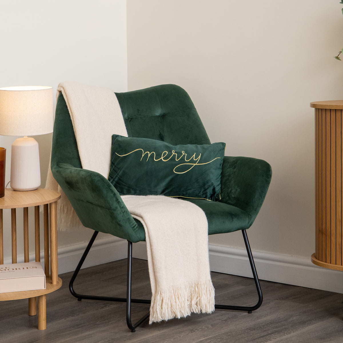 49cm Dark Green Christmas Decorative Merry Cushion with Gold Detail