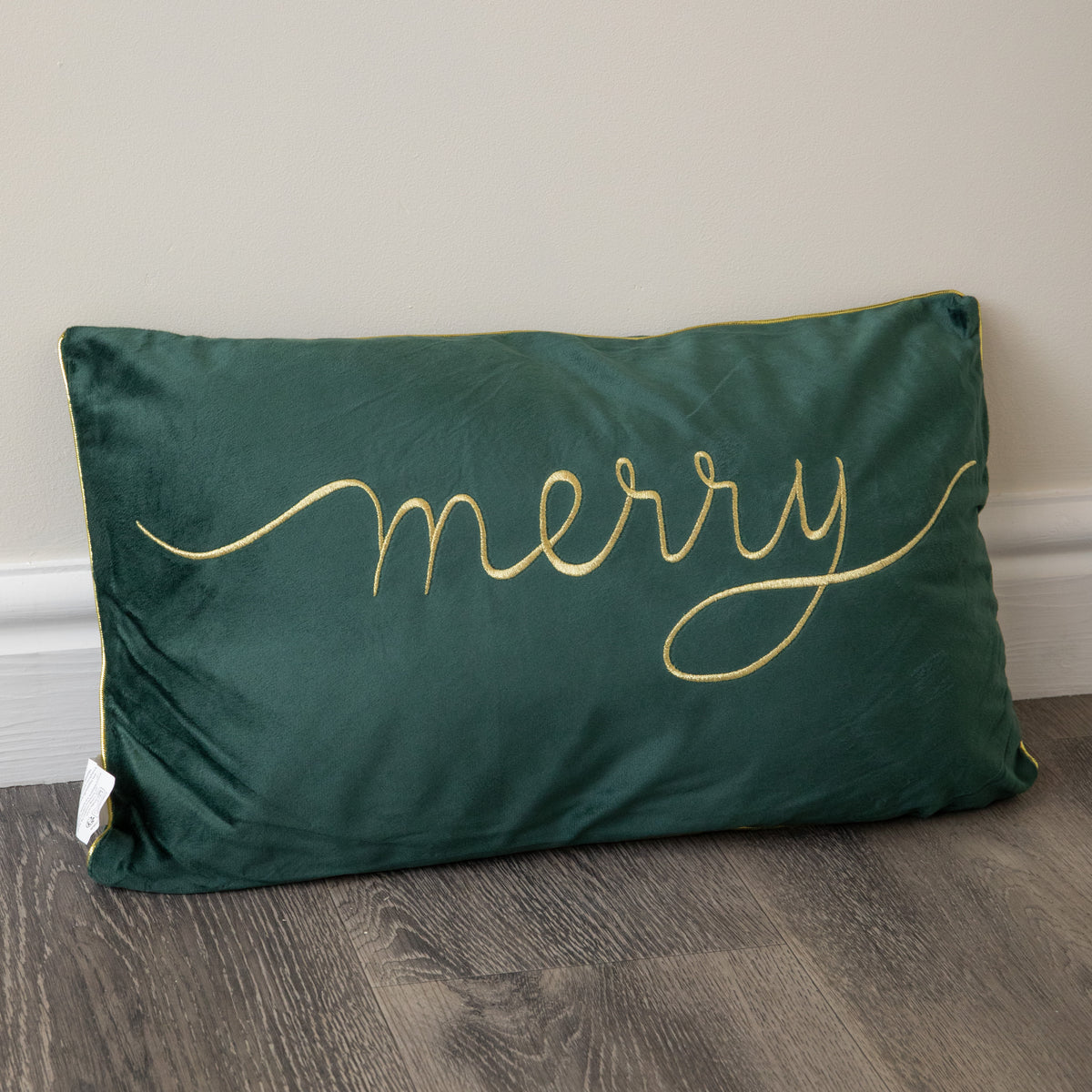 49cm Dark Green Christmas Decorative Merry Cushion with Gold Detail