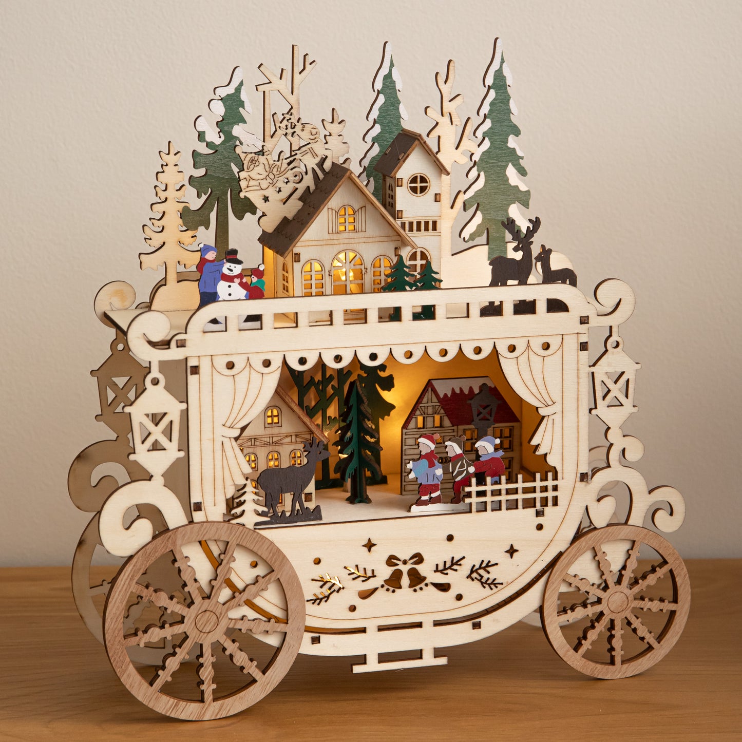 25cm Light Up Wooden Christmas Carriage Village with Warm White LEDs