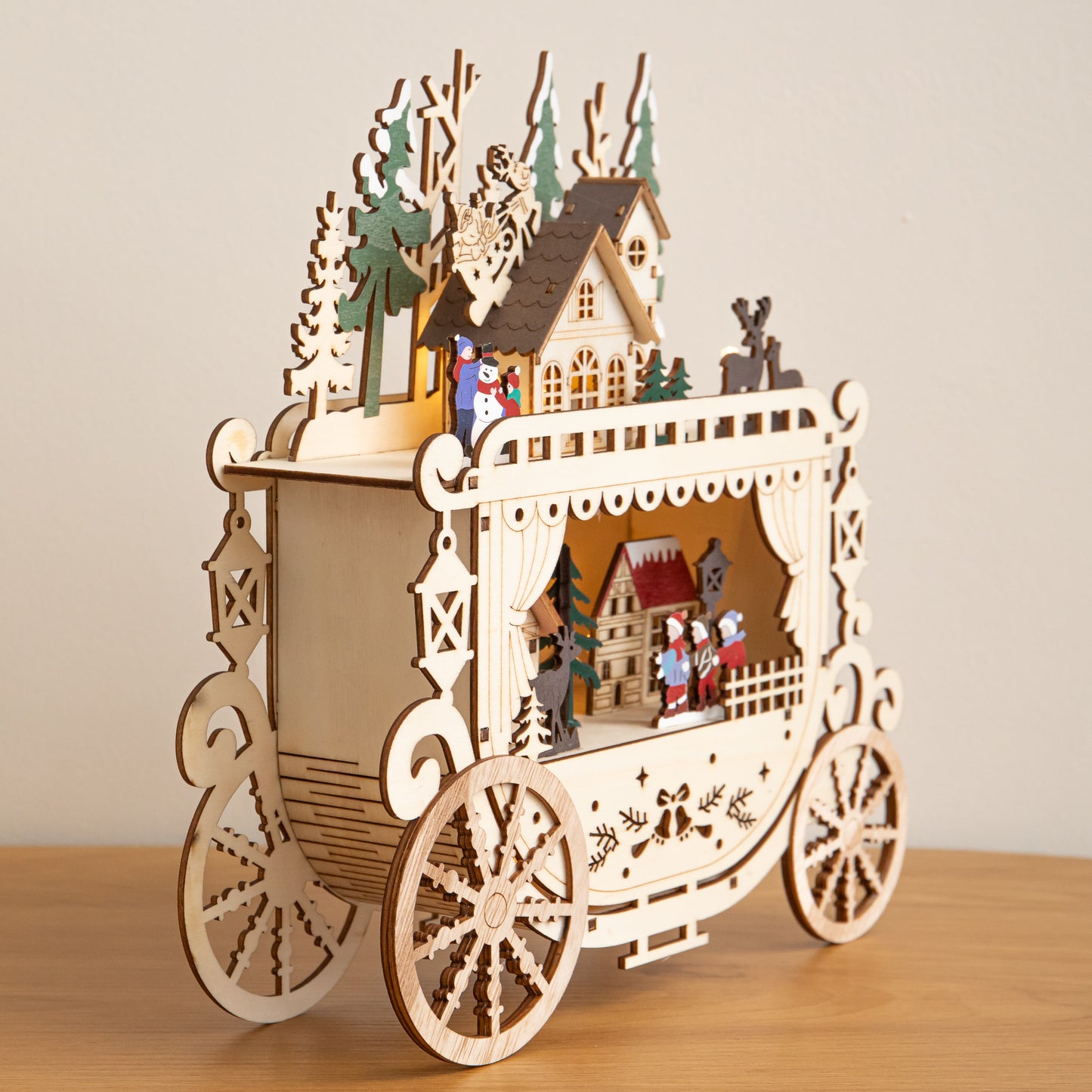 25cm Light Up Wooden Christmas Carriage Village with Warm White LEDs