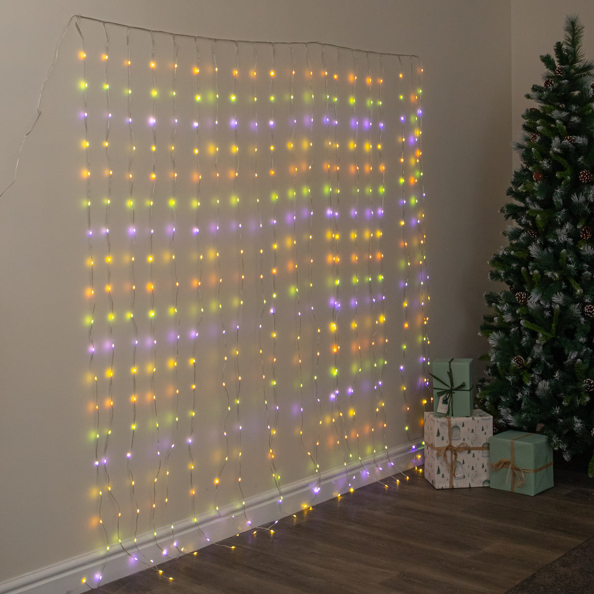 2m x 2m TwoTone Warm White & Multi-Coloured Curtain Net with 400 LEDs