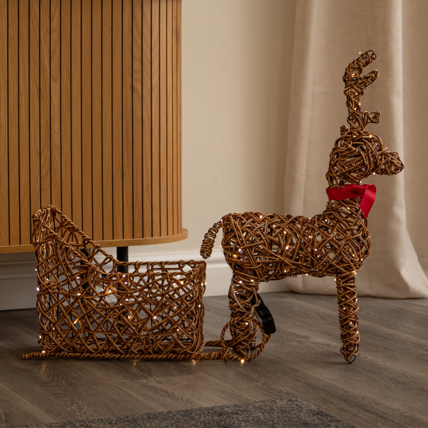 82cm Battery Powered Light Up Rattan Reindeer & Sleigh with 120 LEDs and Timer