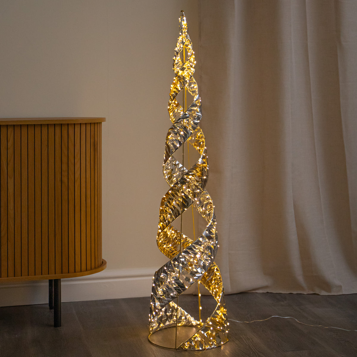 120cm Silver & Gold Helix Christmas Cone Tree with Warm White LEDs