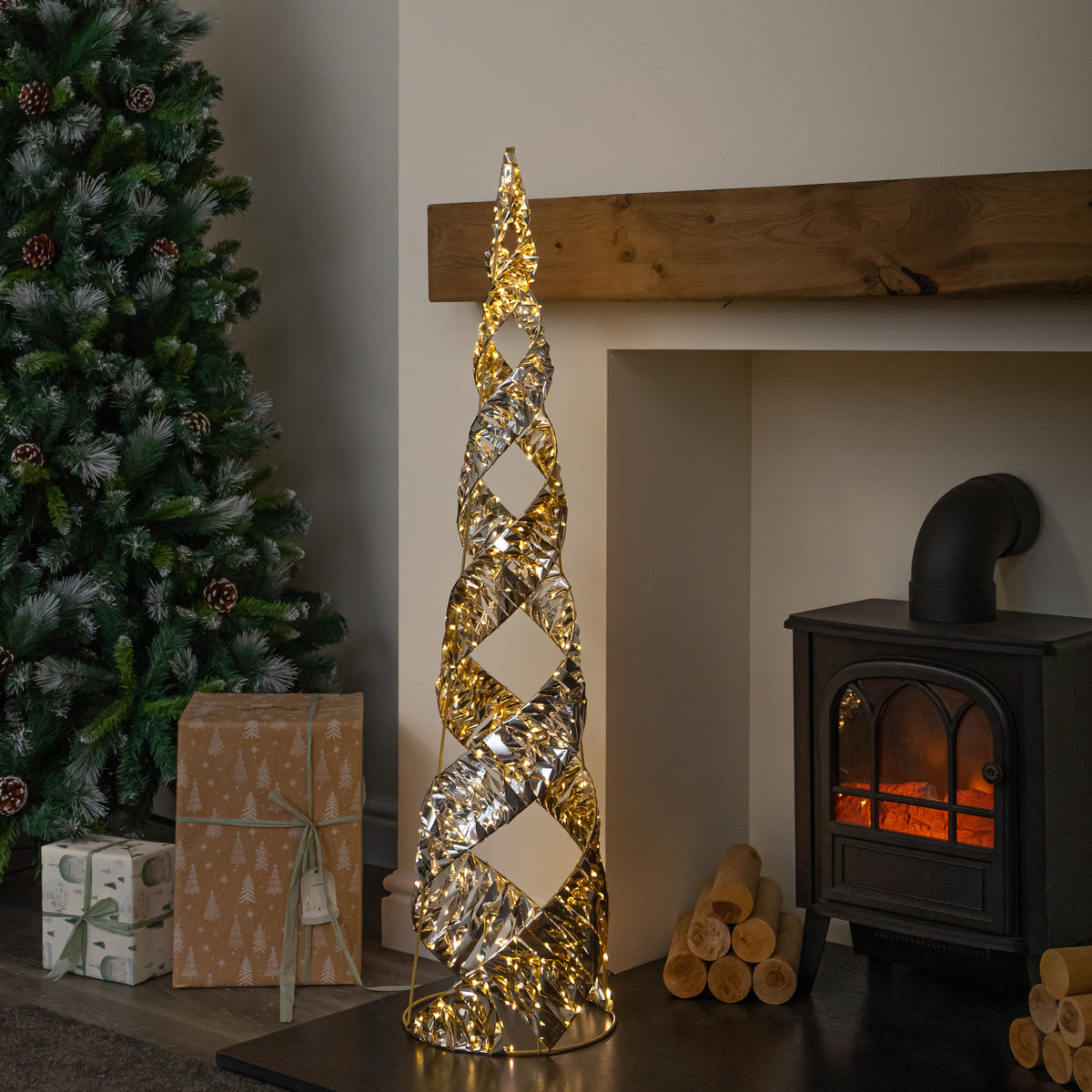120cm Silver & Gold Helix Christmas Cone Tree with Warm White LEDs