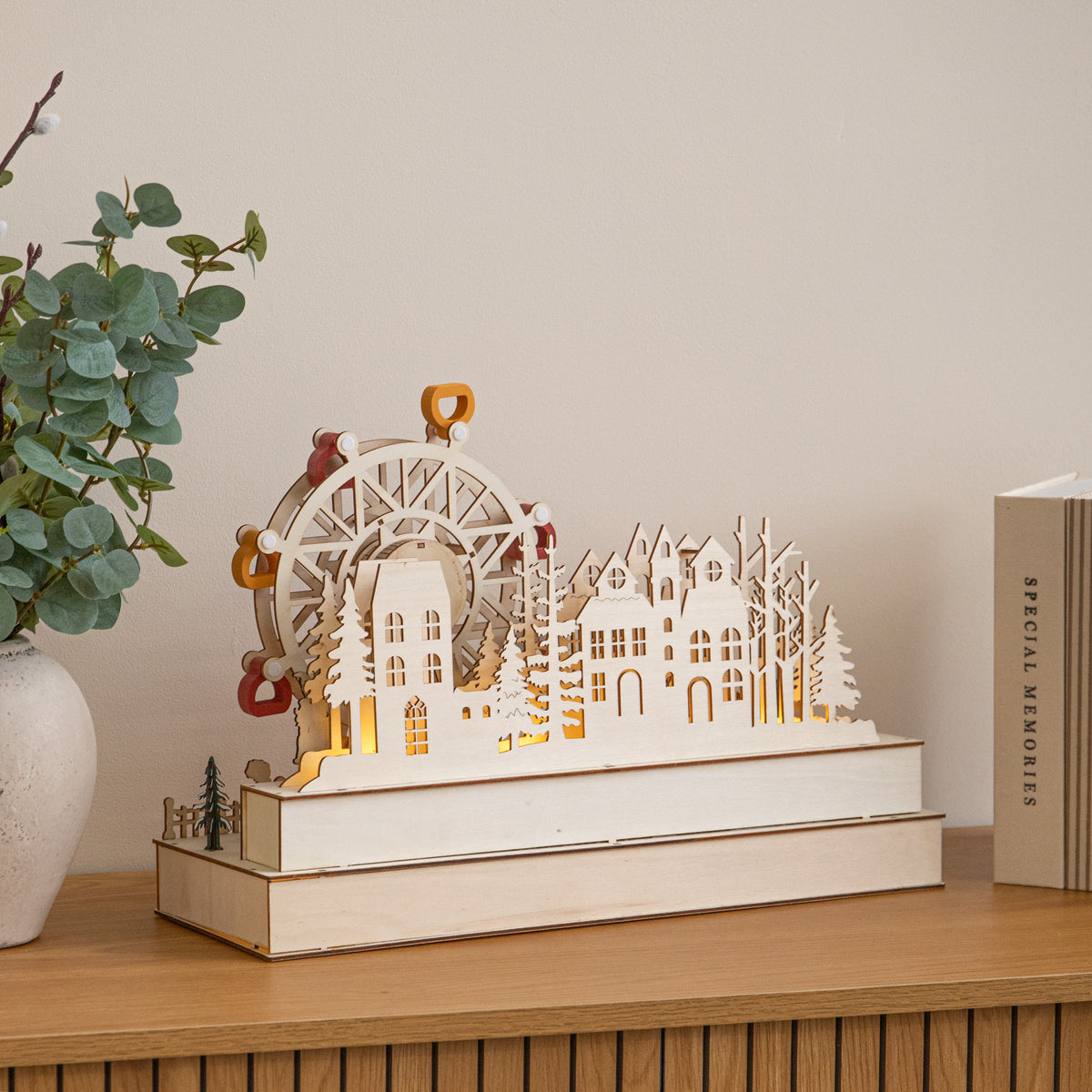 45cm Light Up Wooden Christmas Village Scene with Rotating Ferris Wheel