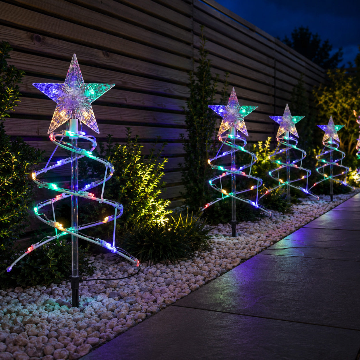 45cm Set of 4 Light up White Spiral Christmas Tree Garden Path Lights with 100 Multi-Coloured LEDs
