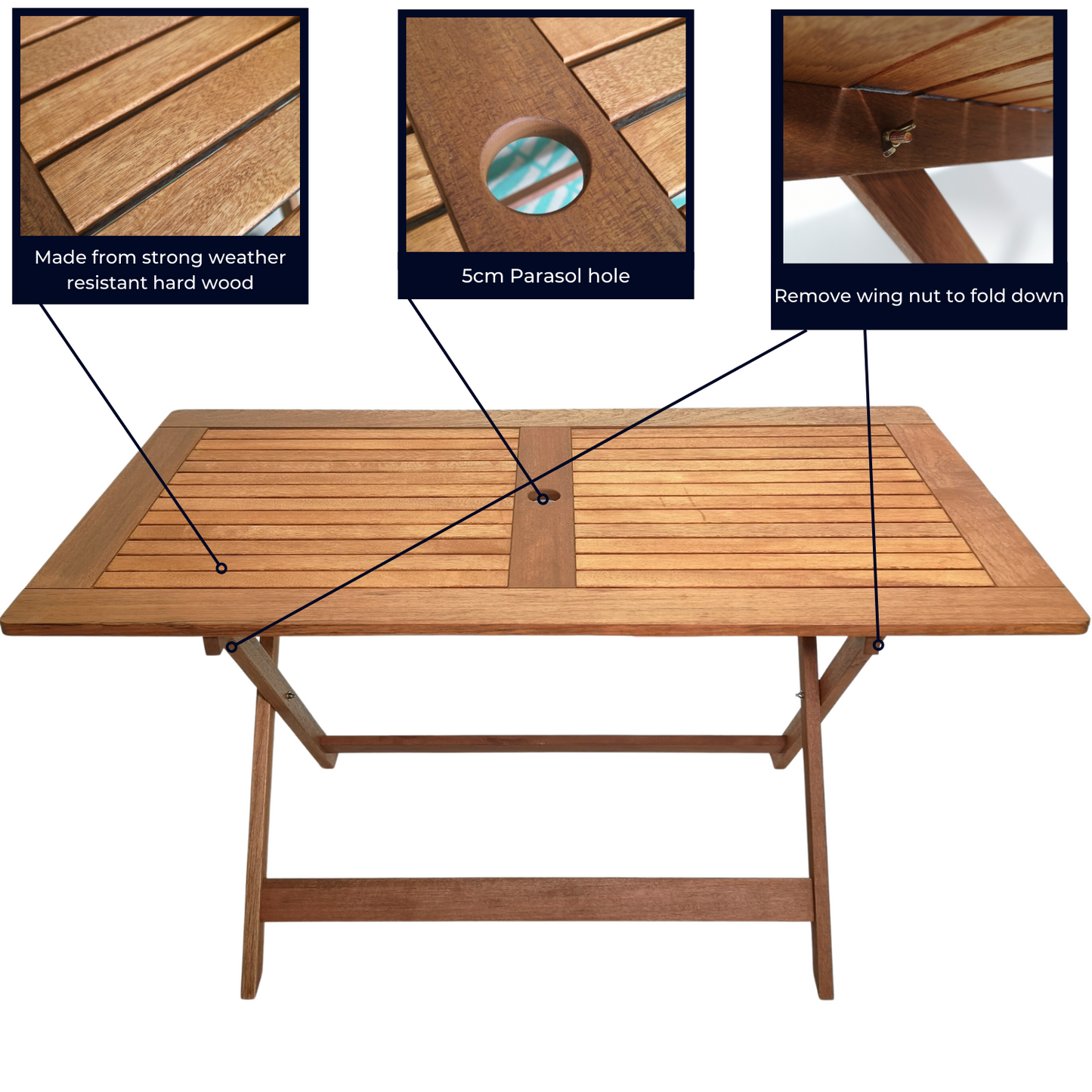 Outdoor 6 Person Folding Rectangular Wooden Garden Dining Table Chairs and 2 Benches Parasol and Base set