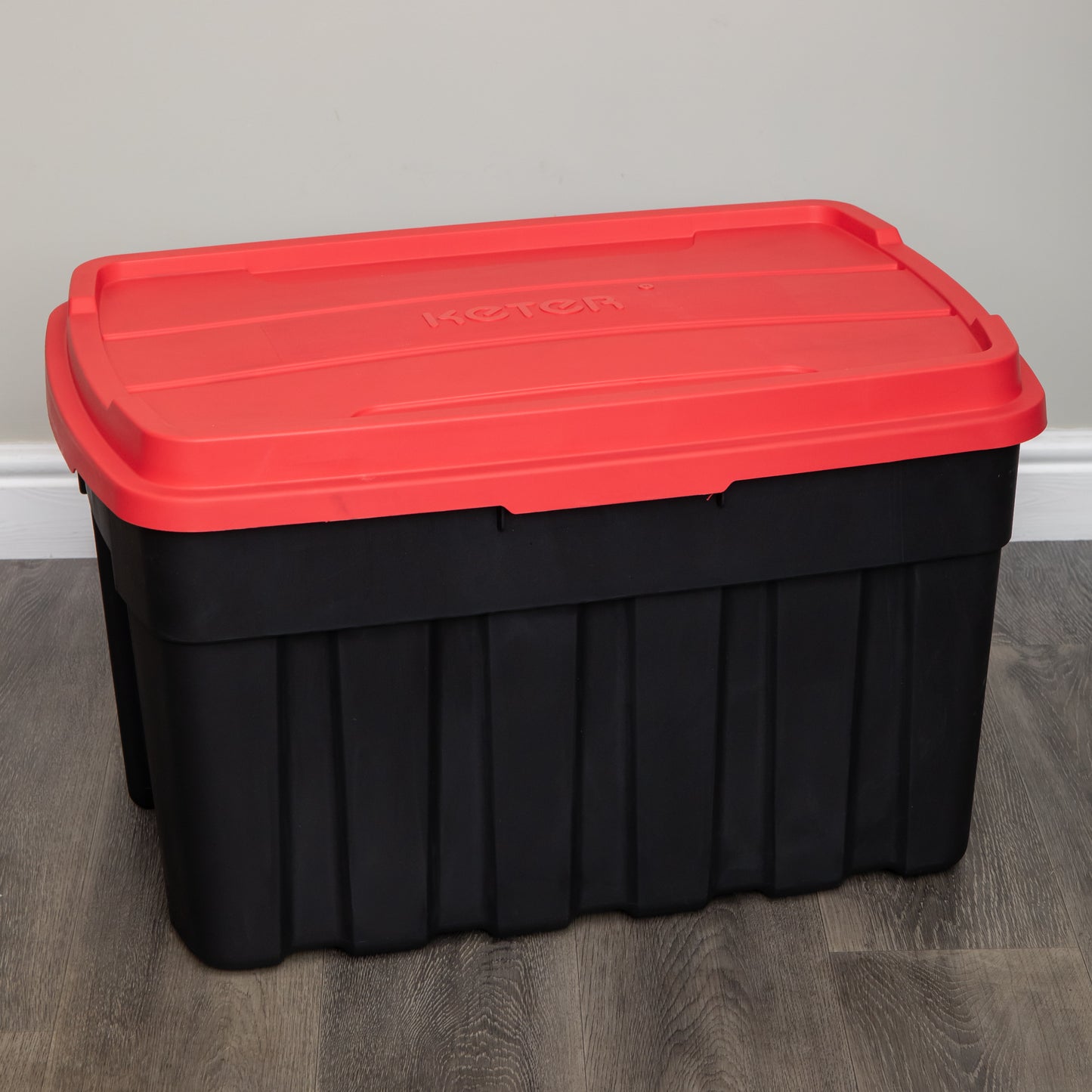 140L Black and Red Tuff Stackable Storage Box with Lid and Carry Handles